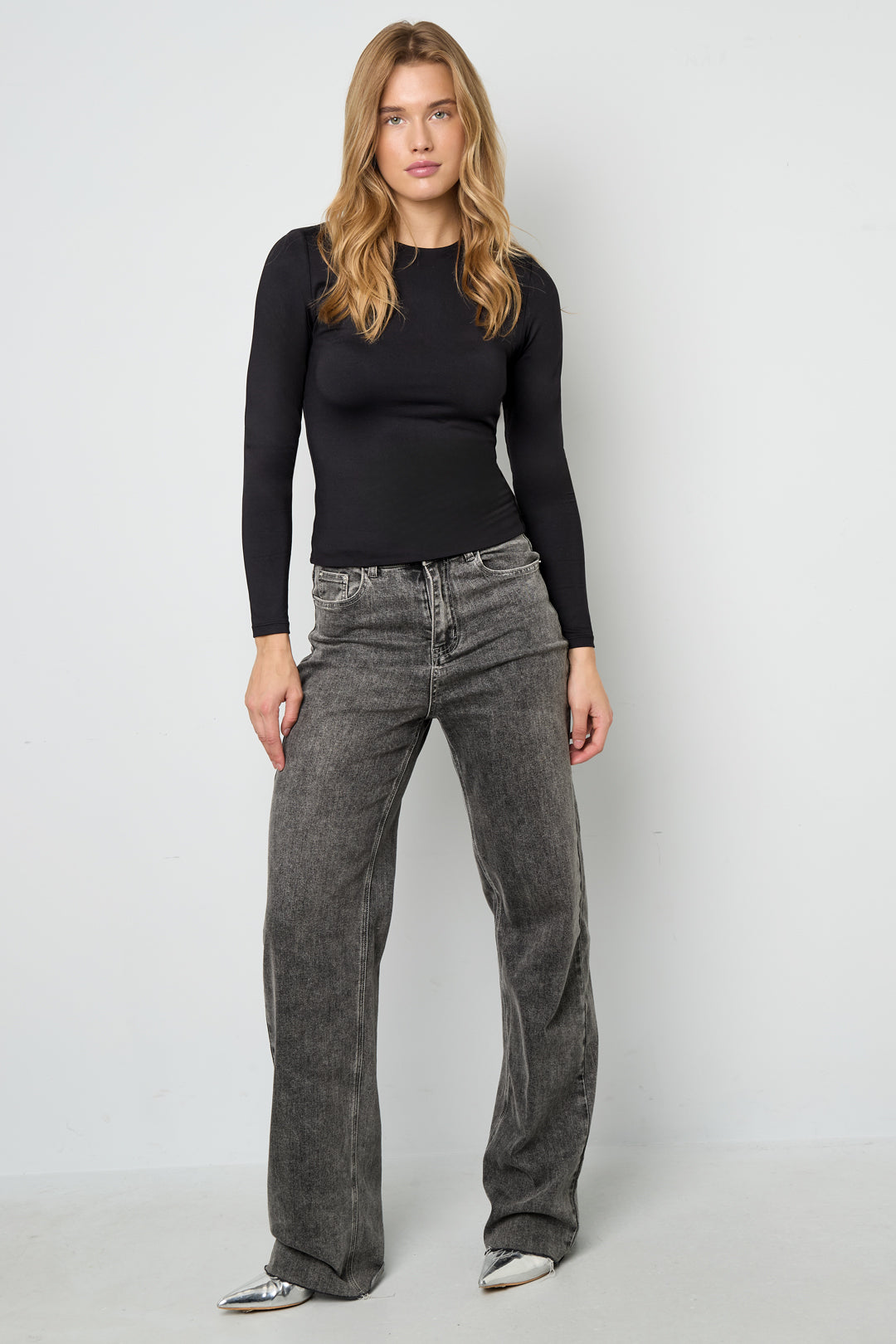 Gebreide Nylon Vrouwen Lange Mouw Top Basis Solide Kleur